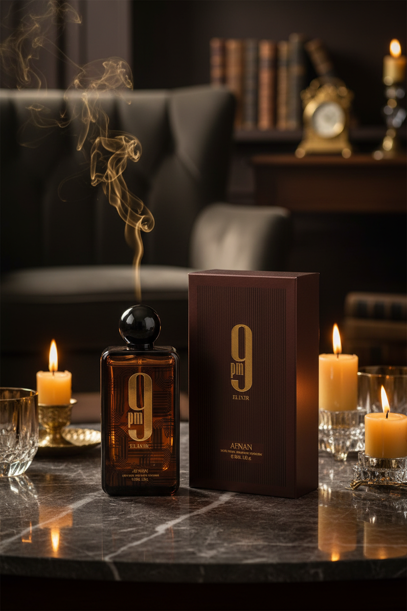 Afnan 9 PM Elixir Intense Parfum lifestyle nighttime luxury setting