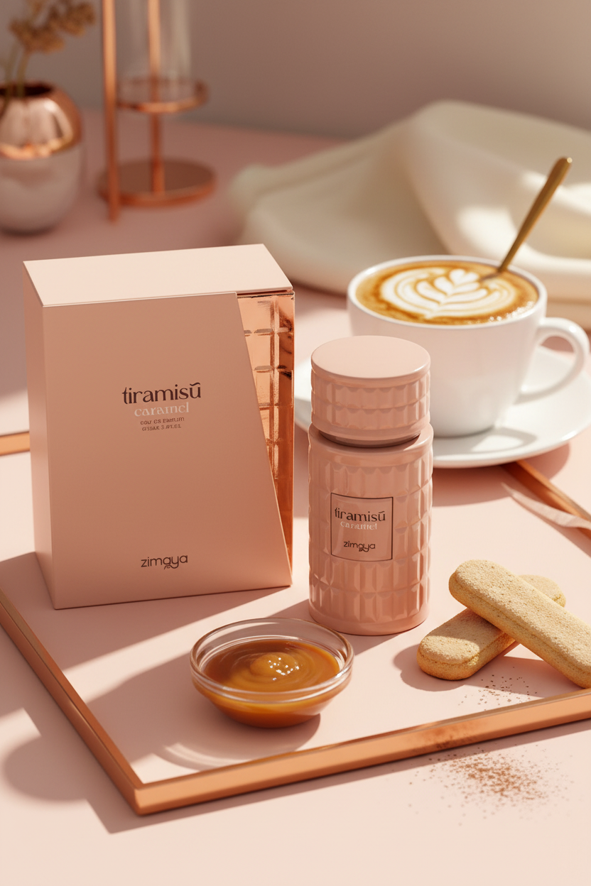 Afnan Zimaya Tiramisu Caramel lifestyle cozy feminine setting with caramel coffee
