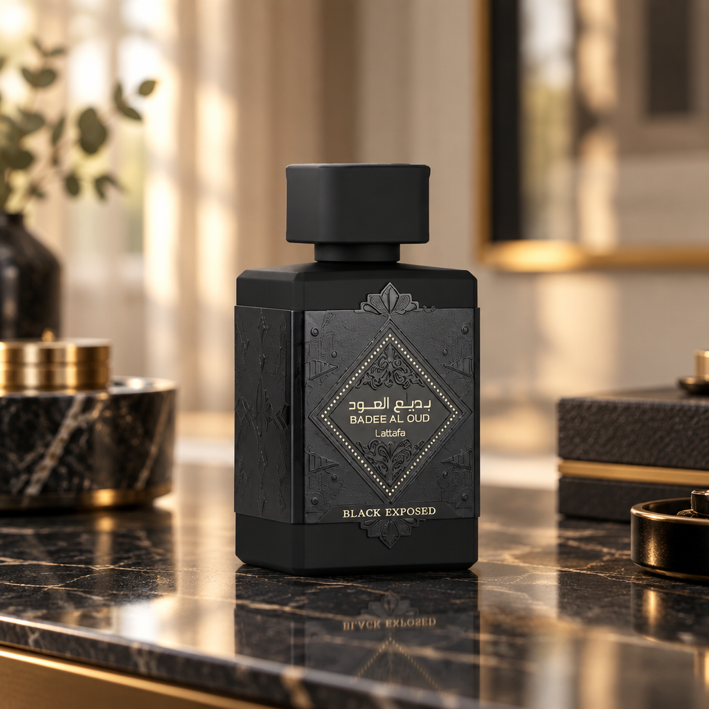 Lattafa Badee Al Oud Black Exposed on a dressing table