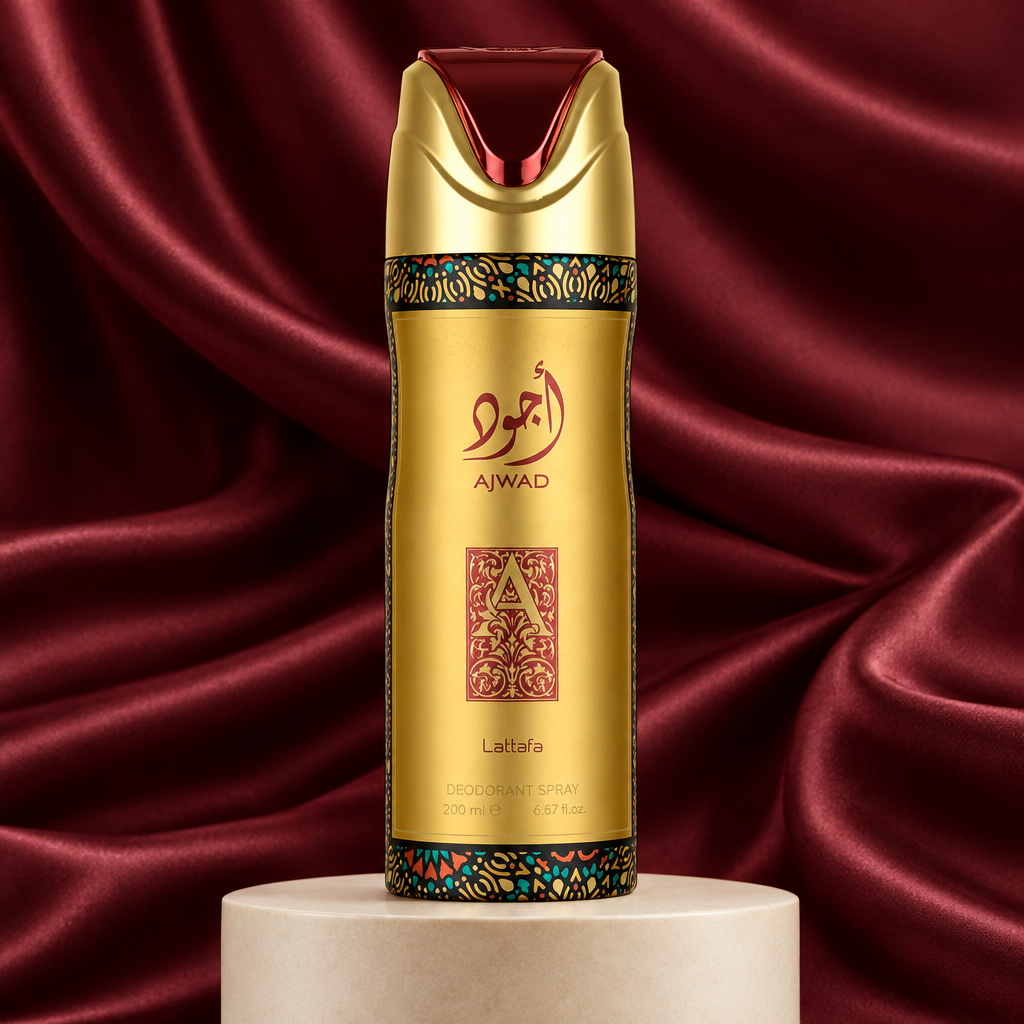 Lattafa Ajwad Deodorant Spray with burgundy silk backdrop