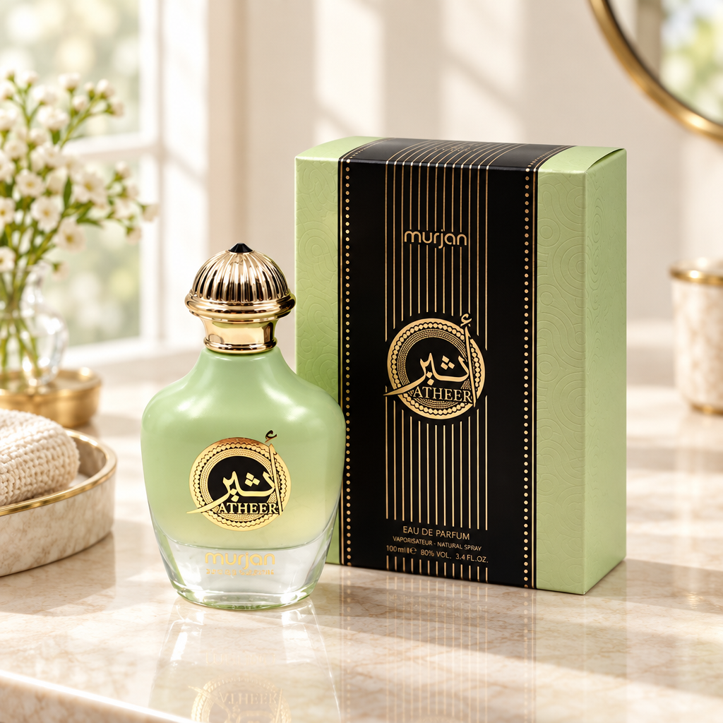 Dumont Murjan Atheer bottle and box on a cream stone vanity in natural light