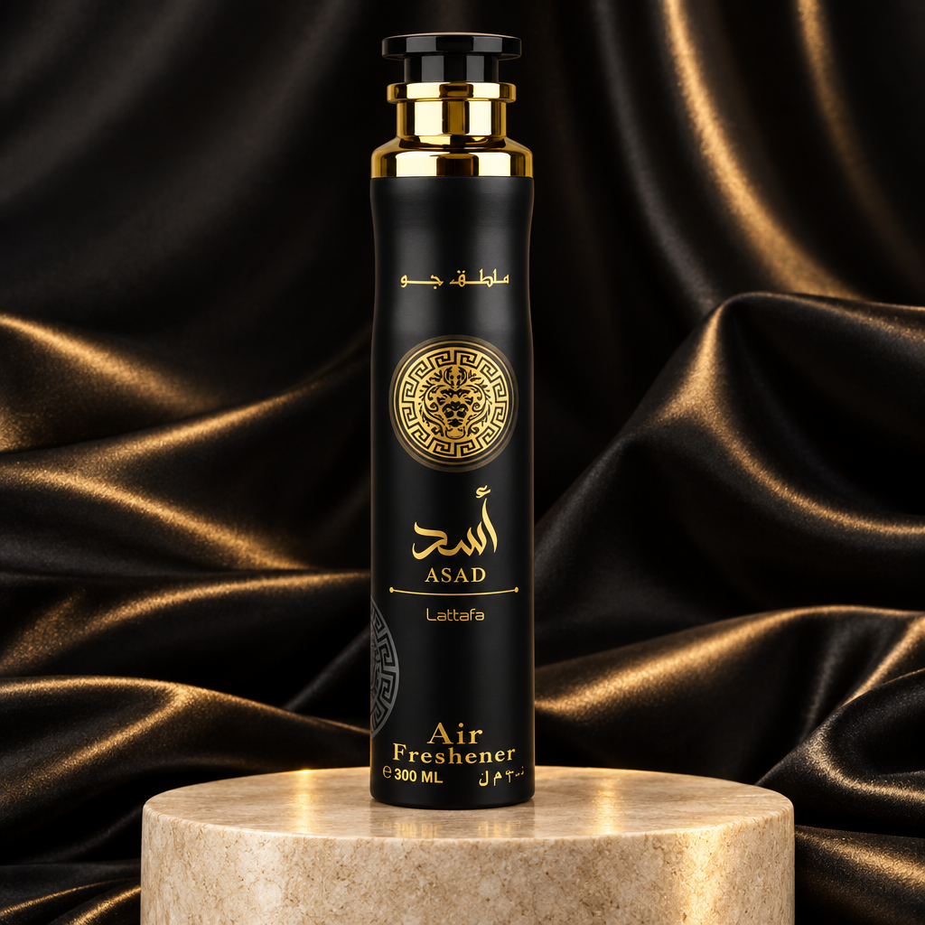 Lattafa Asad Air Freshener with black satin backdrop
