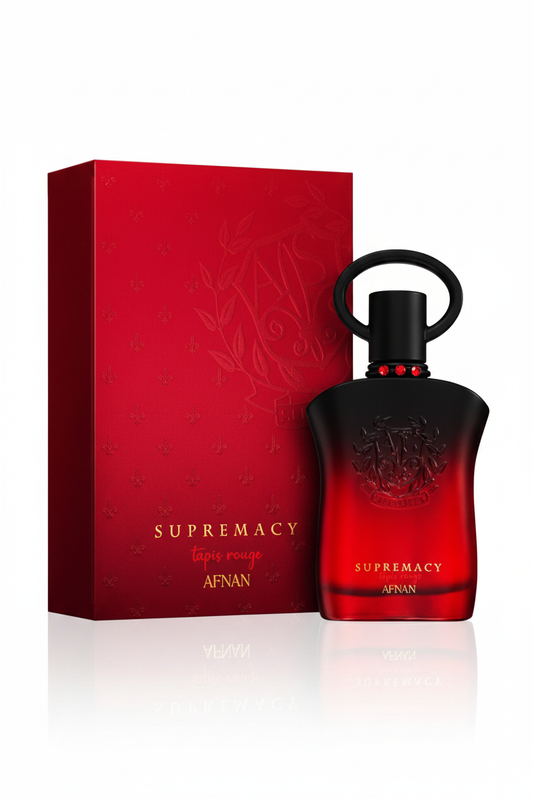 Afnan Supremacy Tapis Rouge bottle and red box on white background