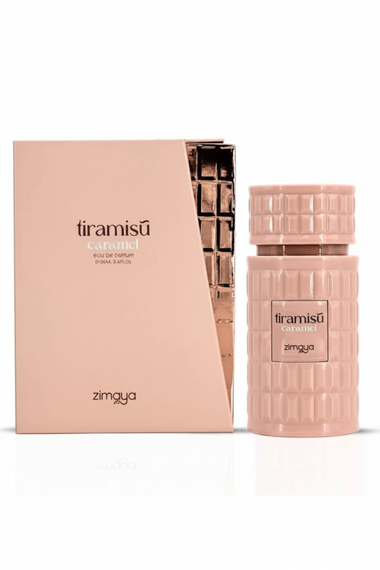 Afnan Zimaya Tiramisu Caramel Eau De Parfum bottle and box on white background