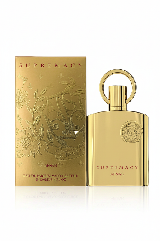 Afnan Supremacy Gold bottle and golden box on white background