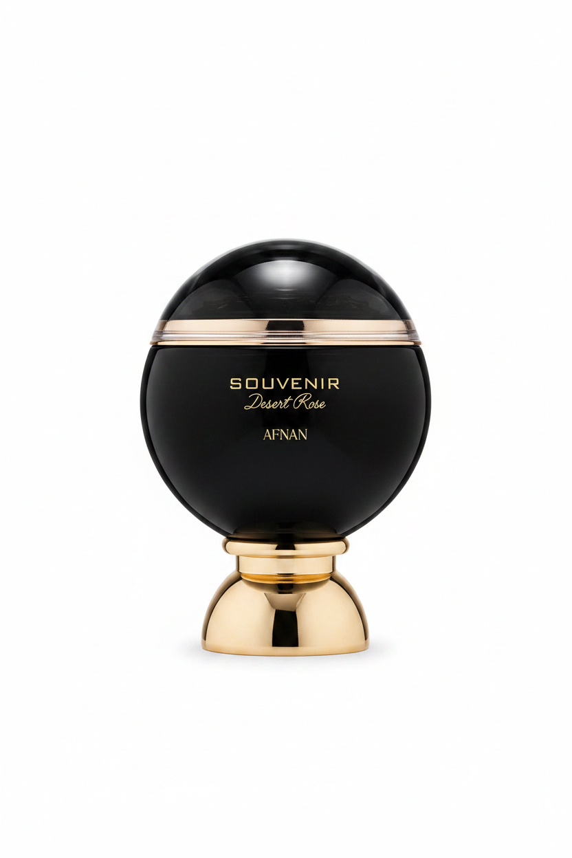 Afnan Souvenir Dessert Rose Eau De Parfum black sphere bottle on white background
