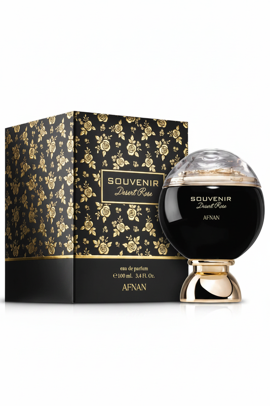 Afnan Souvenir Dessert Rose bottle and black gold floral box on white background