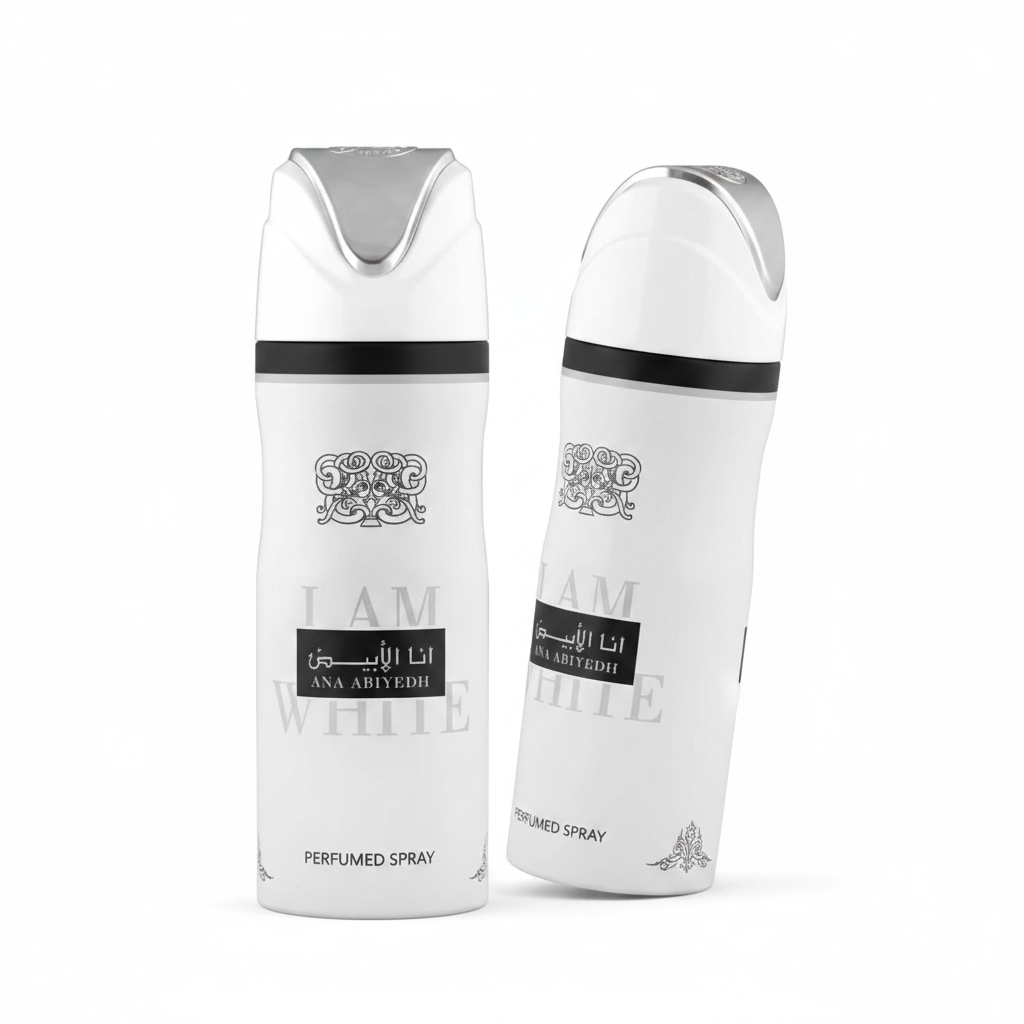 Lattafa Ana Abiyedh - two spray cans front and side view on white background