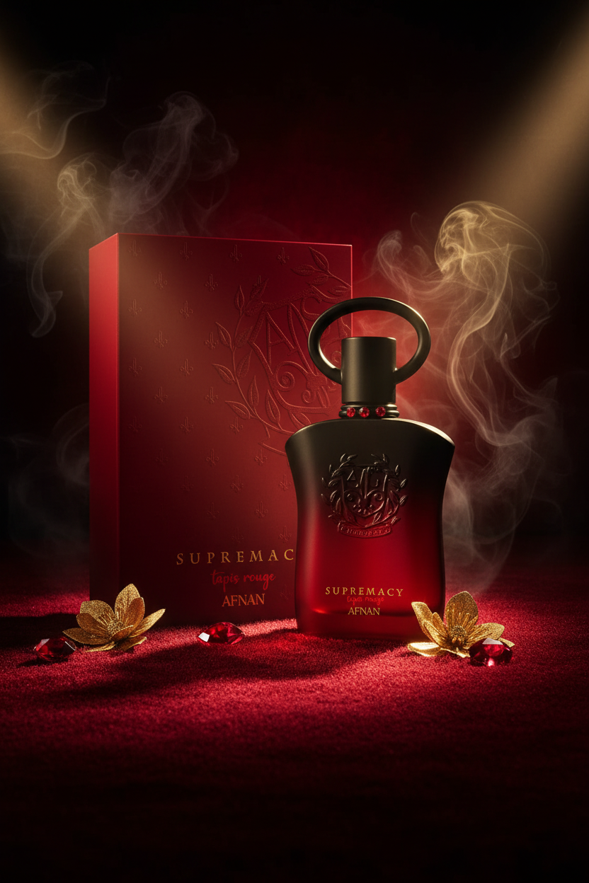 Afnan Supremacy Tapis Rouge dramatic red black luxury editorial shot