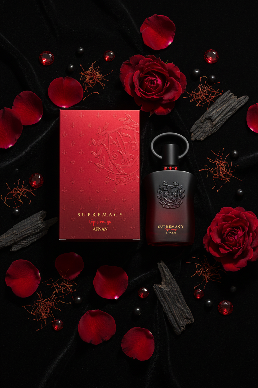 Afnan Supremacy Tapis Rouge with rose, oud, saffron and dark berries ingredients