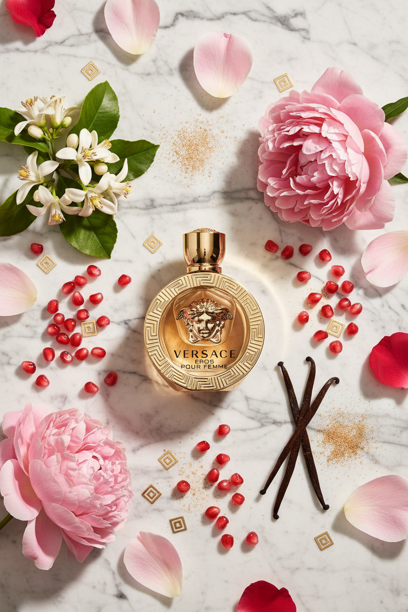 Versace Eros Pour Femme with peony, lemon, pomegranate and vanilla ingredients on marble