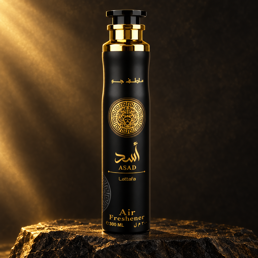 Lattafa Asad Air Freshener editorial on dark stone