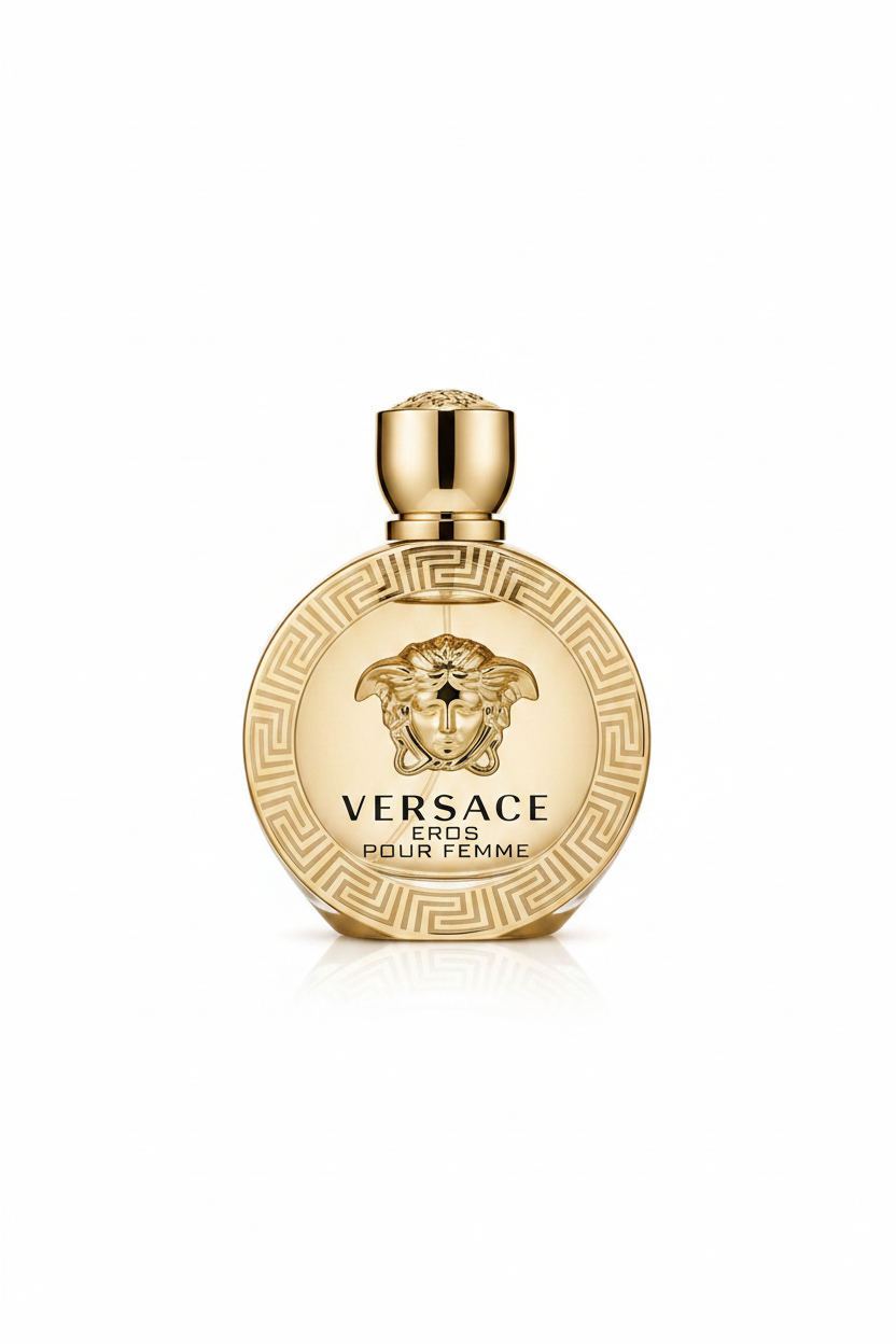 Versace Eros Pour Femme Eau De Parfum gold champagne bottle on white background