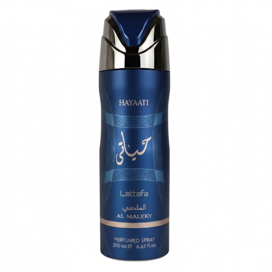 Lattafa Hayaati Al Maleky Perfumed Deodorant Body Spray - can on white background