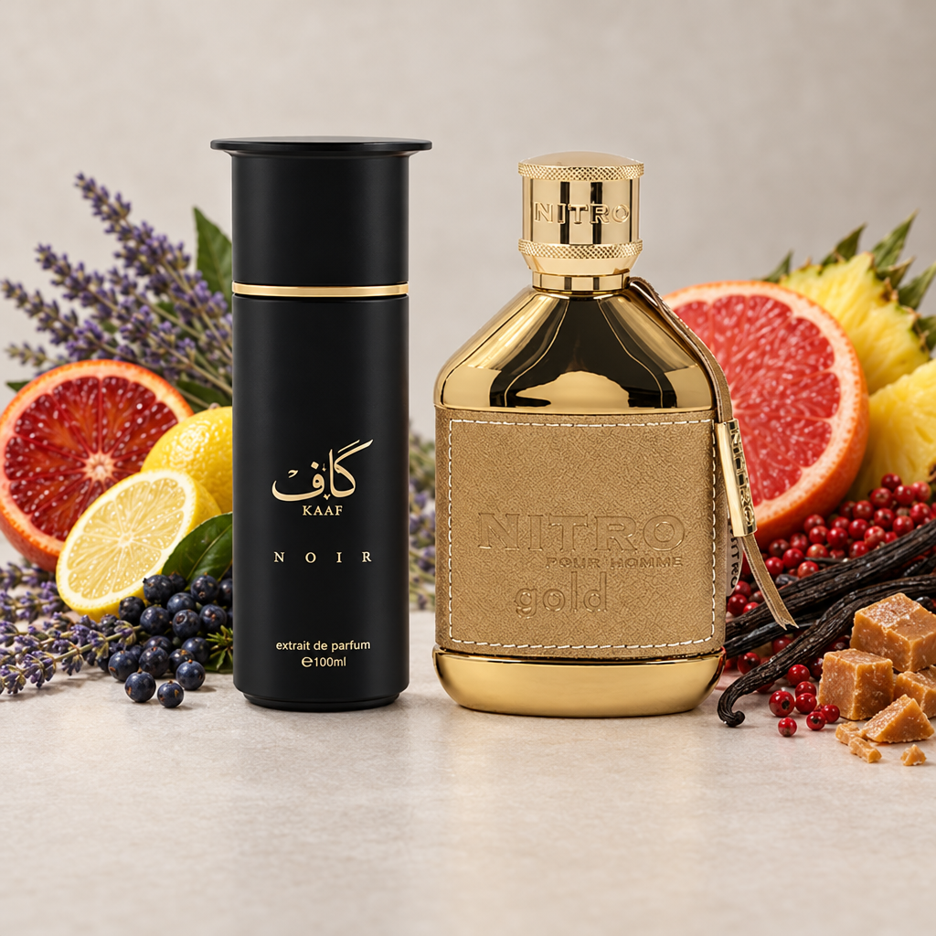Kaaf Noir and Nitro Gold with fragrance ingredients behind the bottles