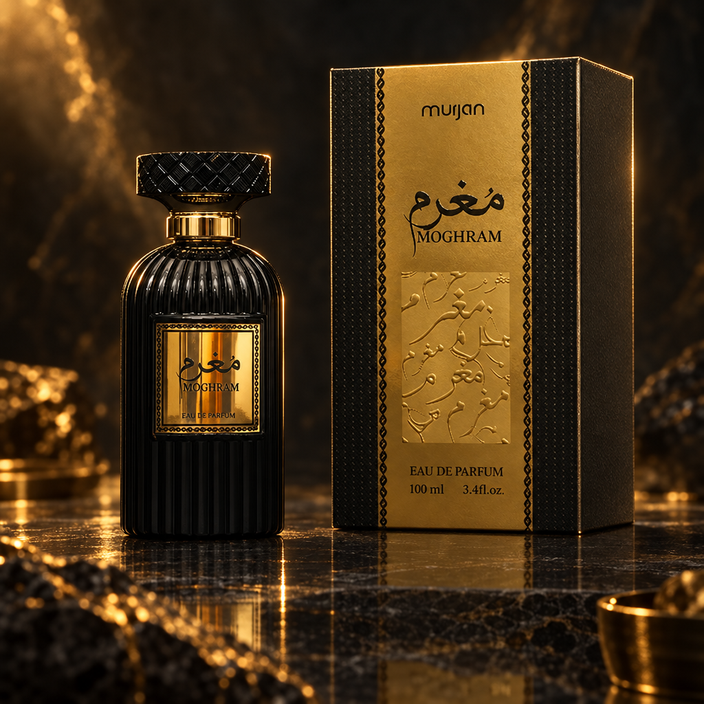 Dumont Murjan Moghram bottle and box in a dark gold-lit editorial scene