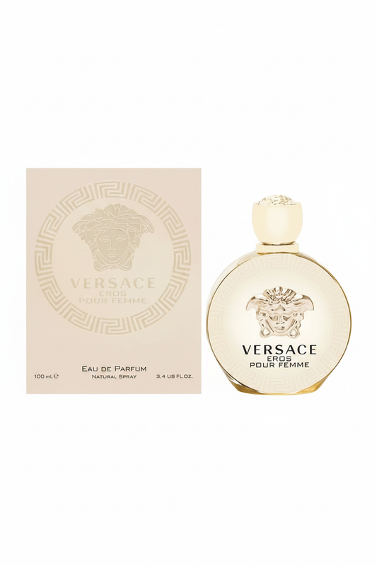 Versace Eros Pour Femme bottle and cream gold Medusa box on white background