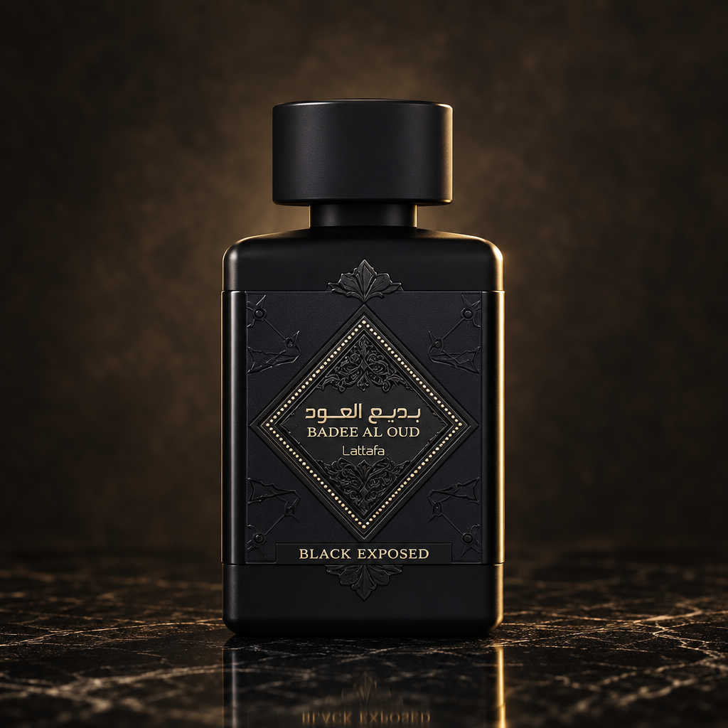 Lattafa Badee Al Oud Black Exposed editorial photograph