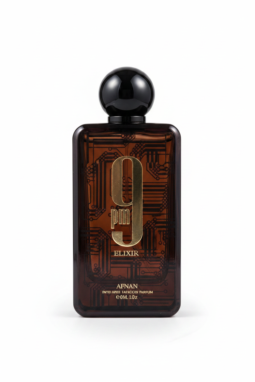 Afnan 9 PM Elixir Intense Parfum bottle on white background