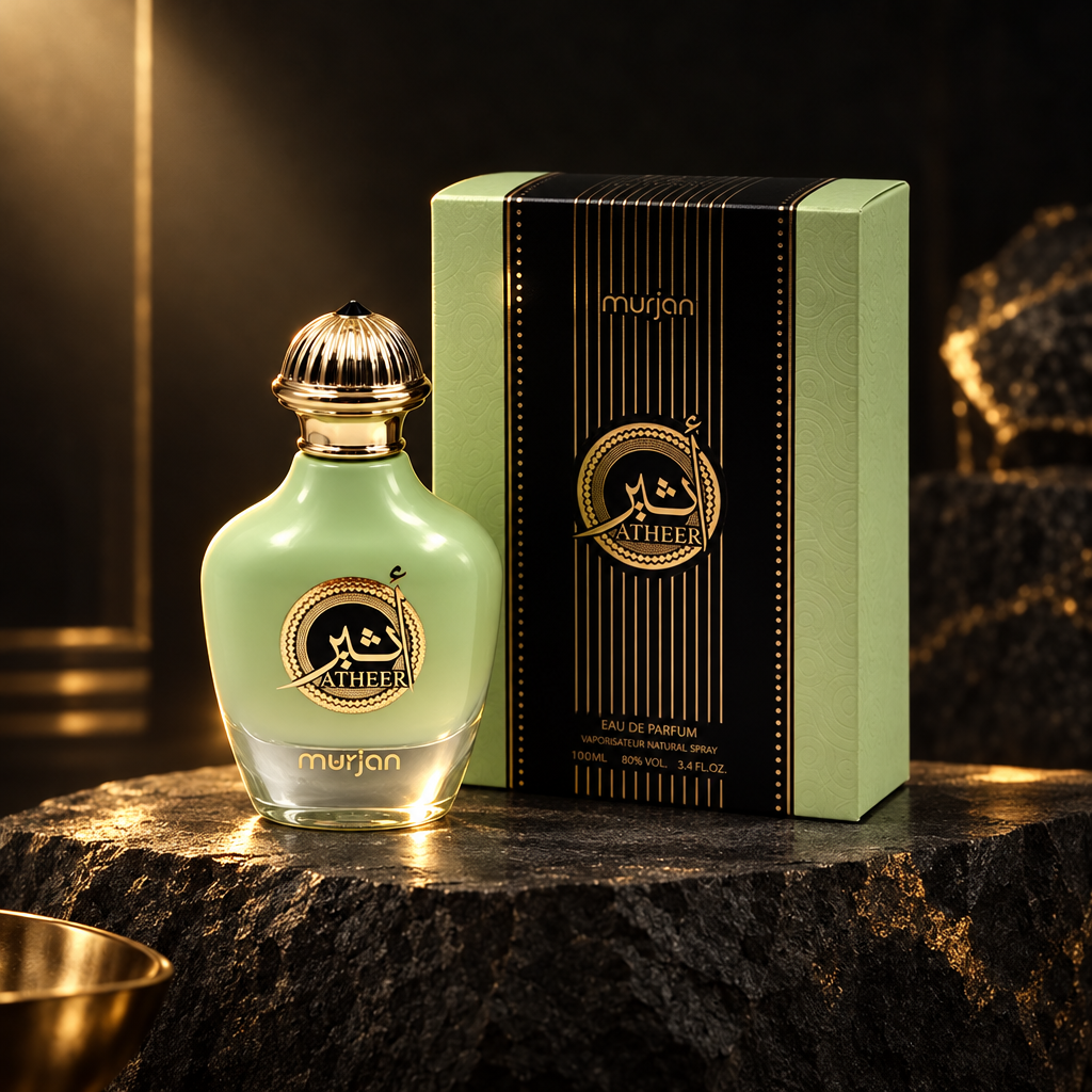 Dumont Murjan Atheer bottle and box in a dark editorial product photograph