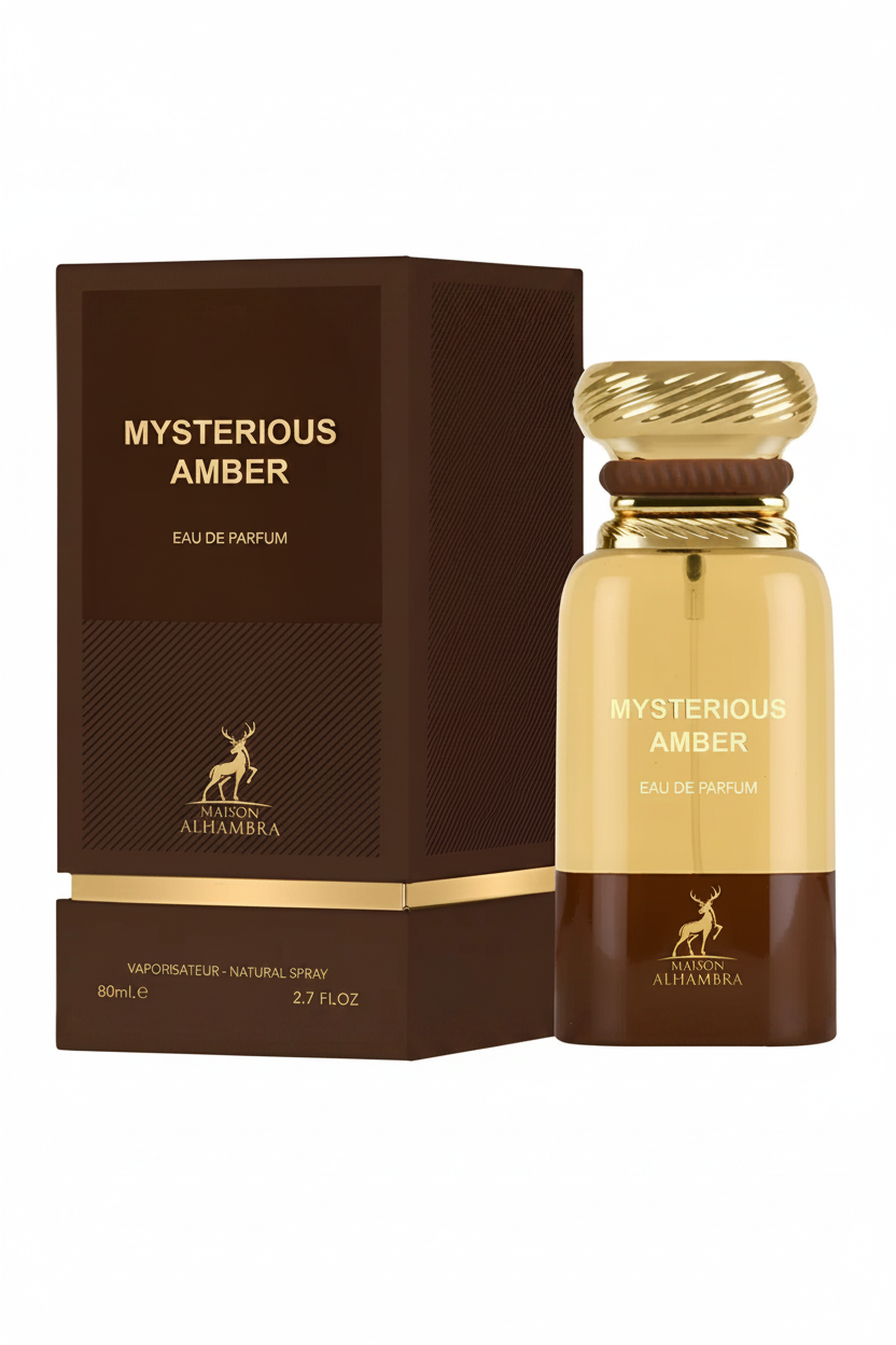 Maison Alhambra Mysterious Amber bottle and box on white background