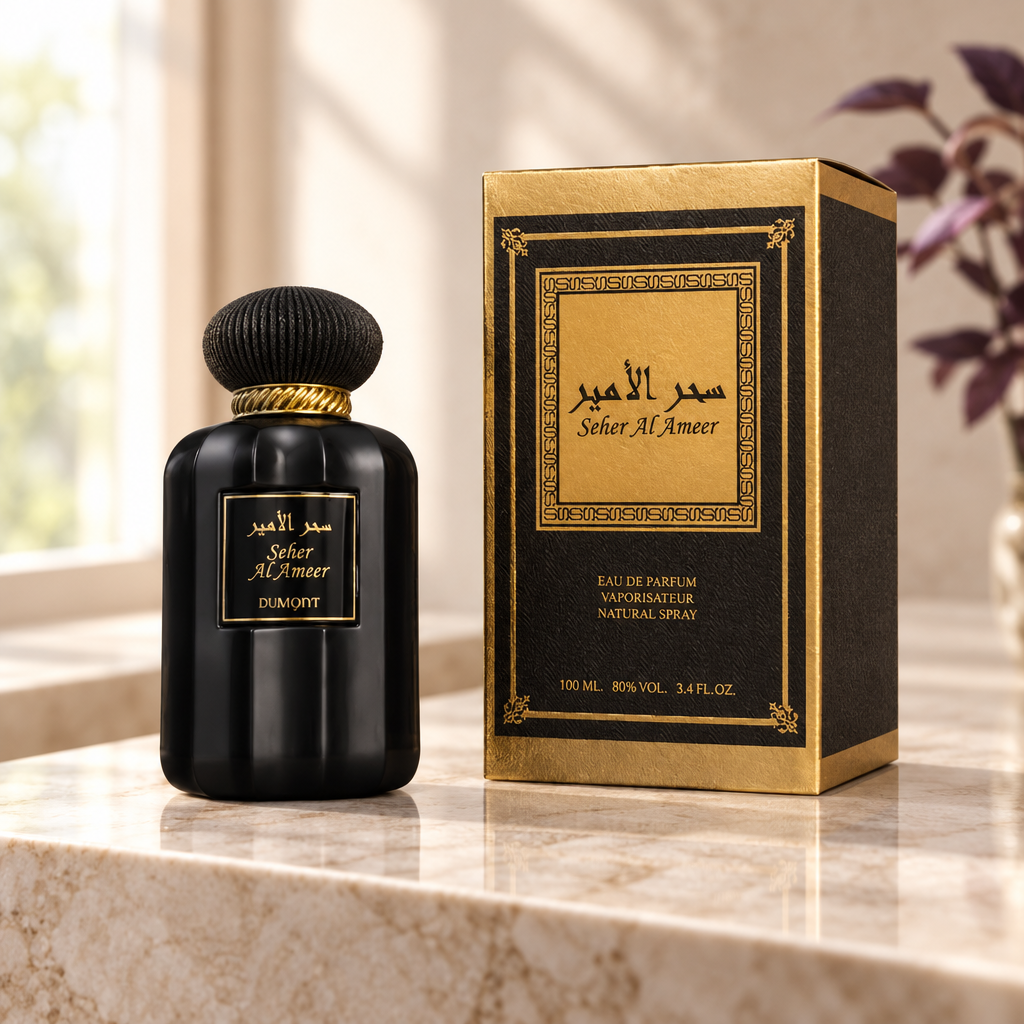 Dumont Murjan Seher Al Ameer bottle and box on a light stone vanity with natural light