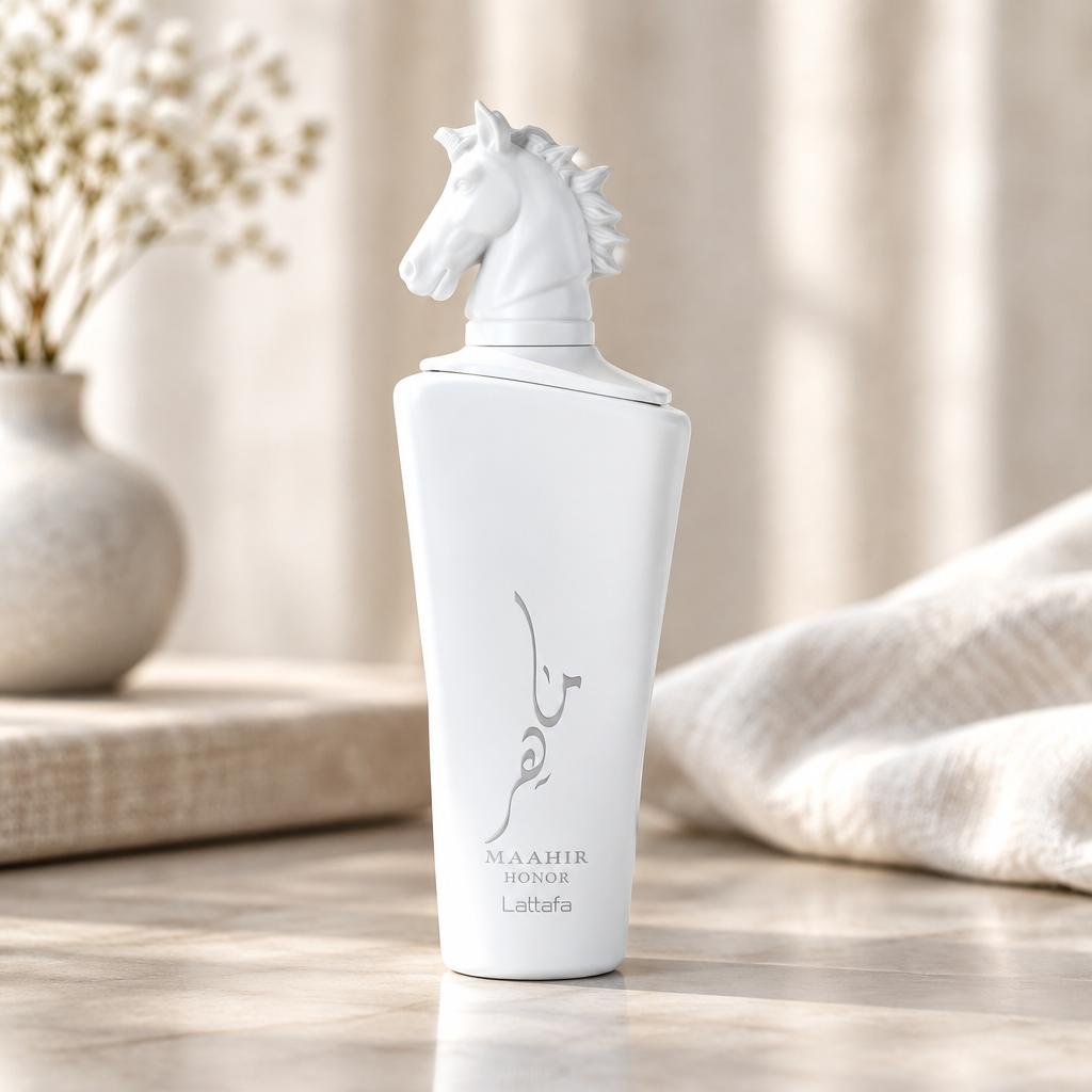 Lattafa Maahir Honor perfume on a dressing table