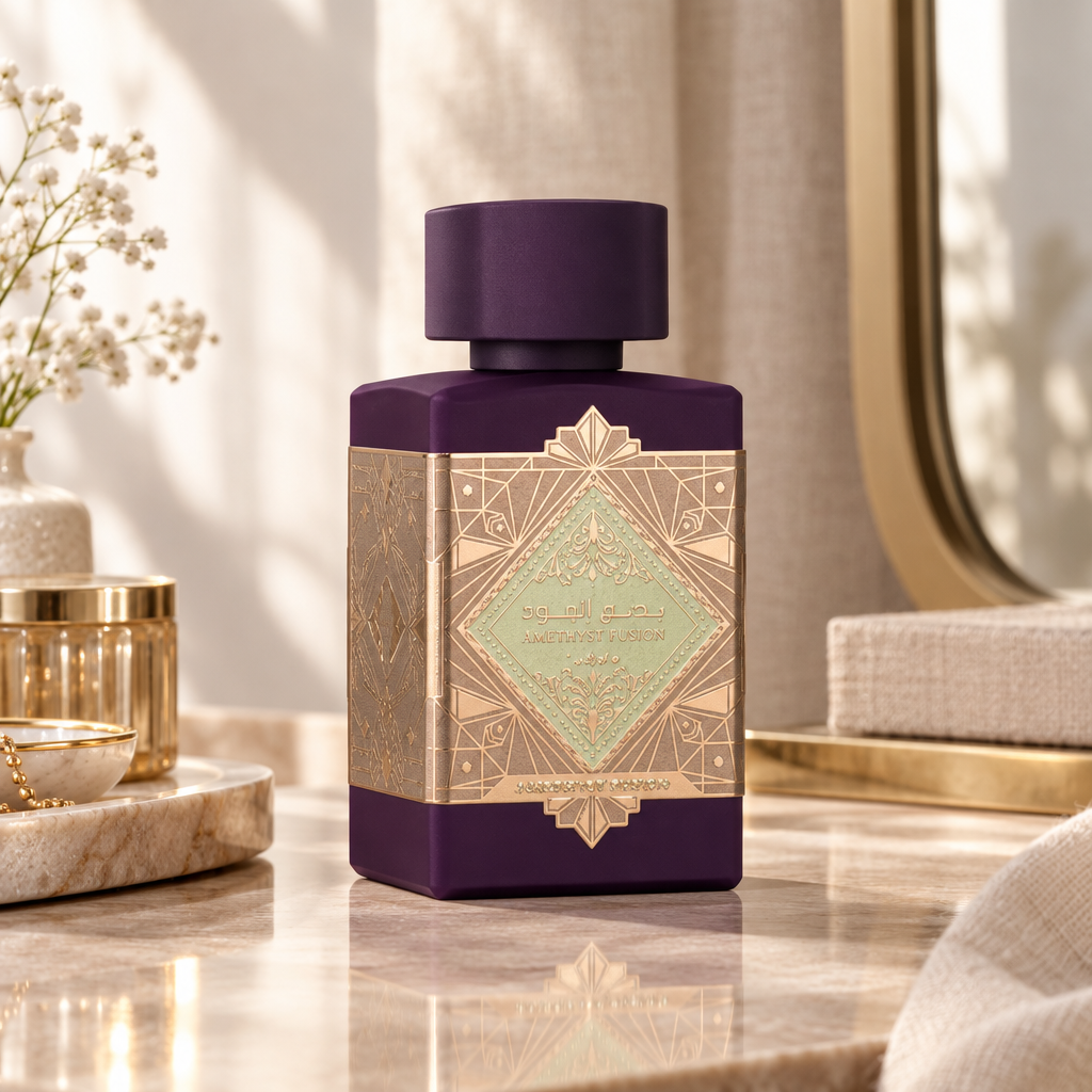 Lattafa Amethyst Fusion on a dressing table