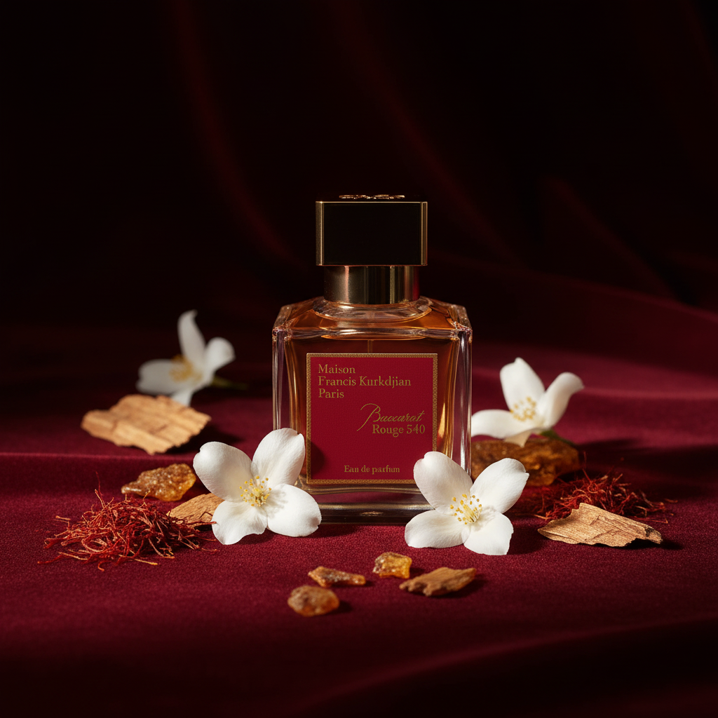 Baccarat Rouge 540 editorial shot on red velvet with jasmine and saffron