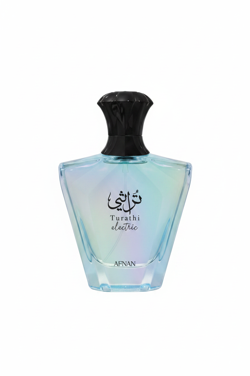 Afnan Turathi Electric Eau De Parfum blue iridescent bottle on white background