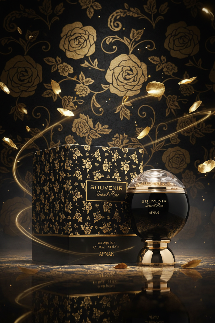Afnan Souvenir Dessert Rose dramatic black gold luxury editorial shot