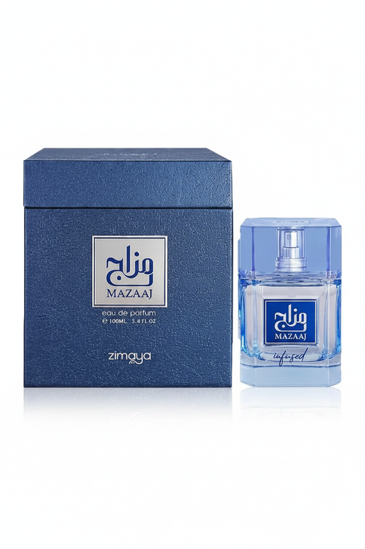 Afnan Zimaya Maazaj Infused Eau De Parfum bottle and box on white background