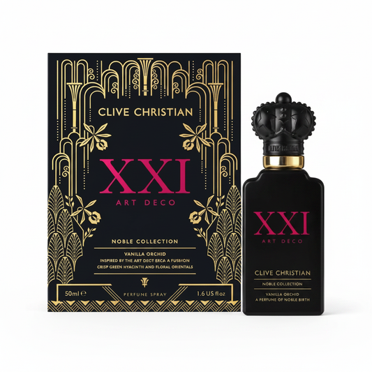 Clive Christian XXI Art Deco Vanilla Orchid Perfume bottle on white background