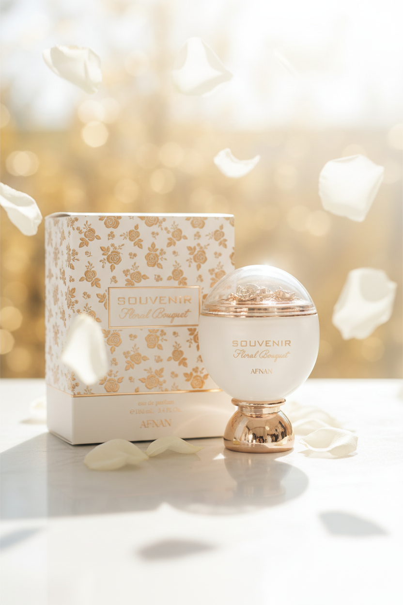 Afnan Souvenir Floral Bouquet dreamy romantic editorial with floating rose petals