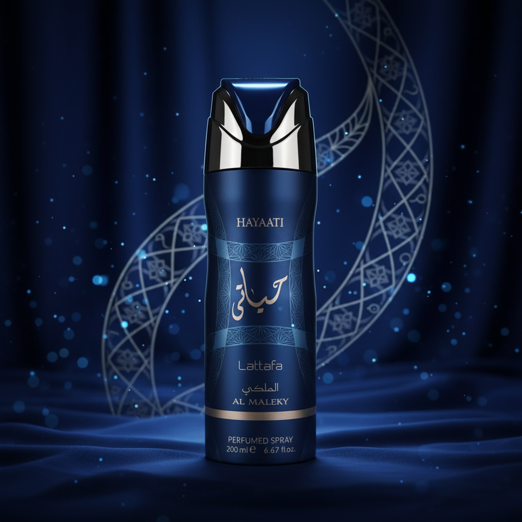 Lattafa Hayaati Al Maleky - Editorial navy blue and silver royal Arabic