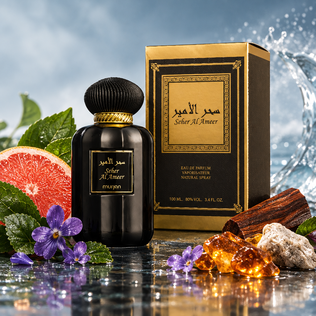 Dumont Murjan Seher Al Ameer with grapefruit, violet, woods and amber-inspired fragrance note accents