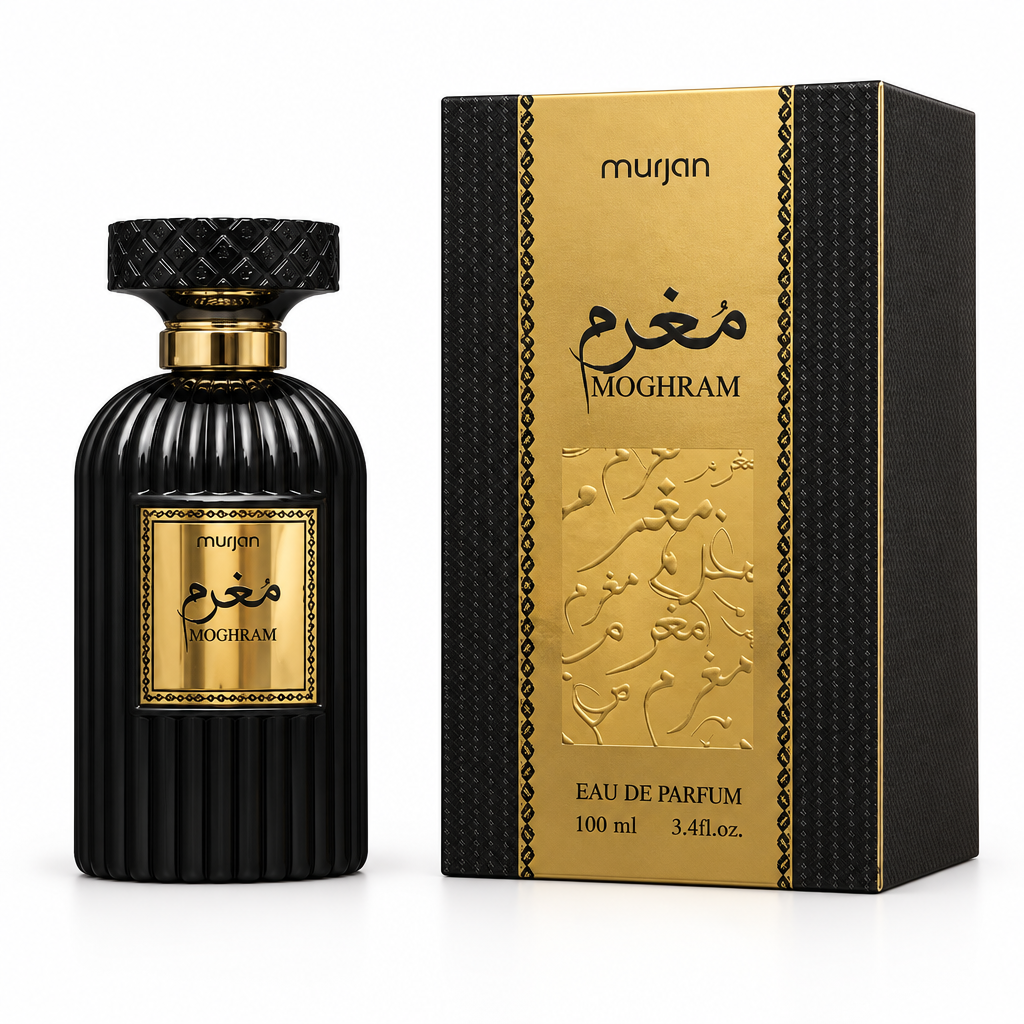 Dumont Murjan Moghram bottle and black and gold box on white