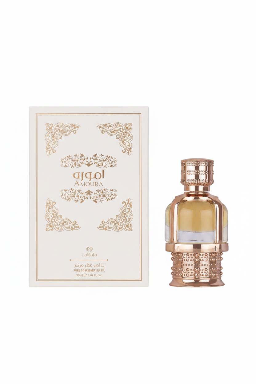 Lattafa Amoura bottle and box on white background
