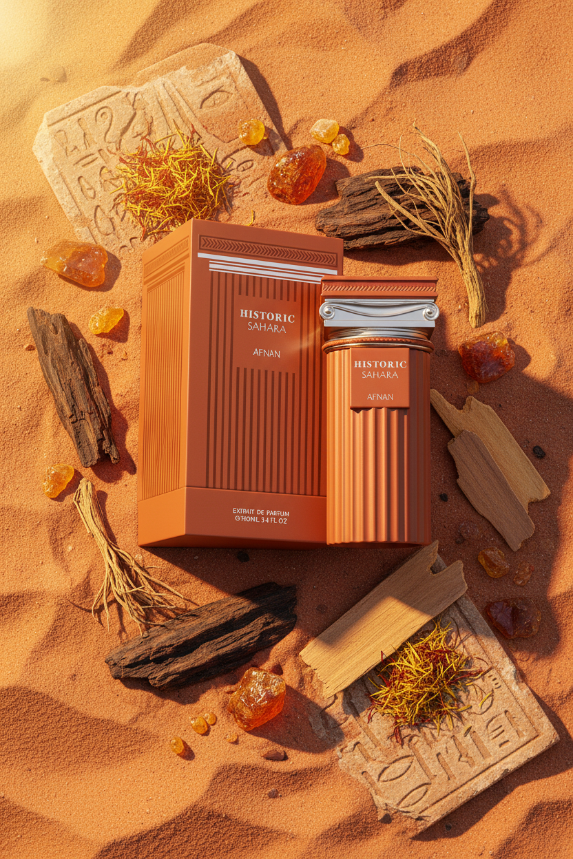 Afnan Historic Sahara with saffron, oud, amber and vetiver on desert sand surface