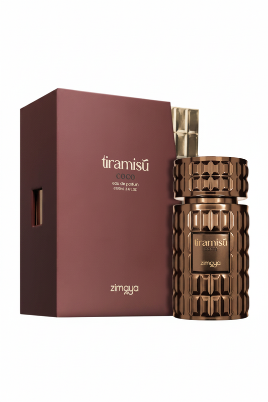 Afnan Zimaya Tiramisu Coco Eau De Parfum bottle and box on white background