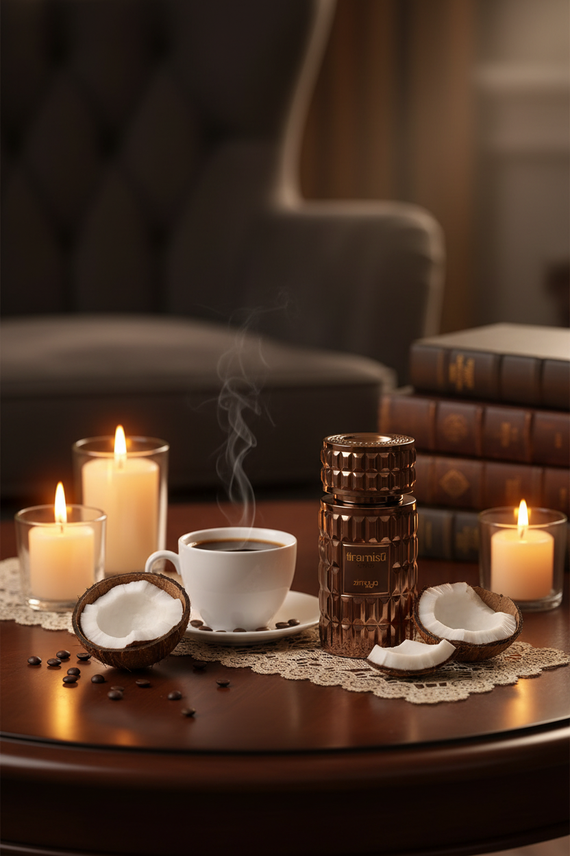 Afnan Zimaya Tiramisu Coco lifestyle warm cozy setting with coffee and coconut
