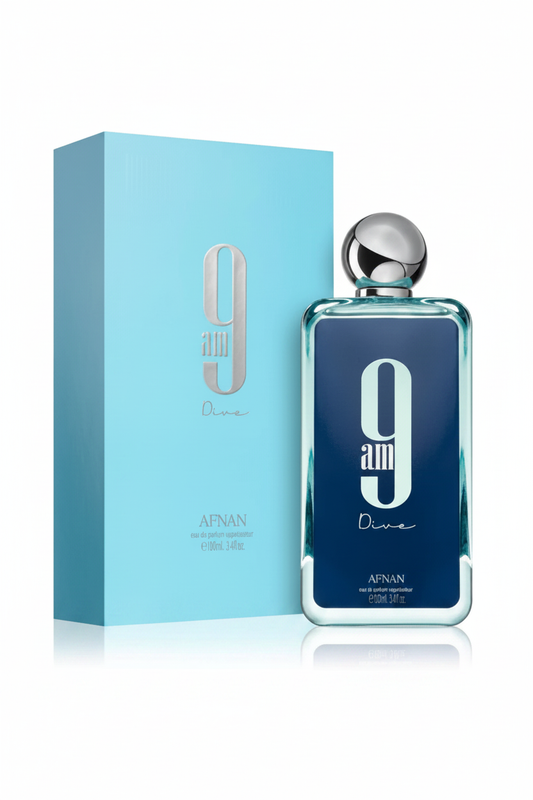 Afnan 9 AM Dive bottle and aqua blue box on white background