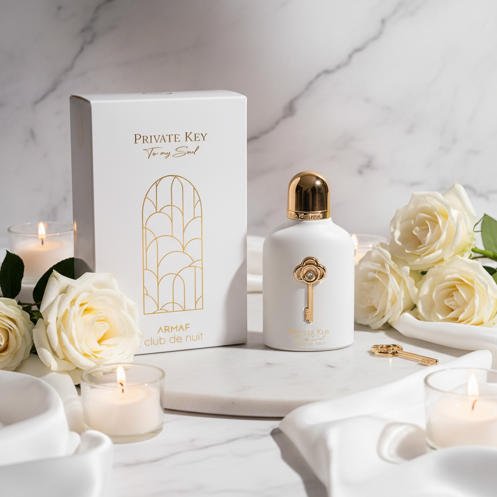 Private Key To My Soul - Lifestyle white marble with white roses and gold silk