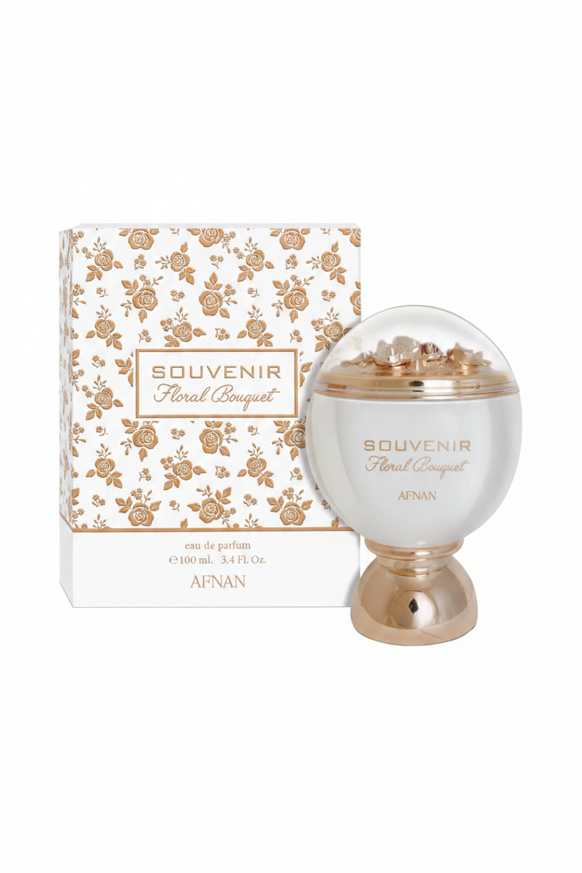 Afnan Souvenir Floral Bouquet bottle and white floral box on white background