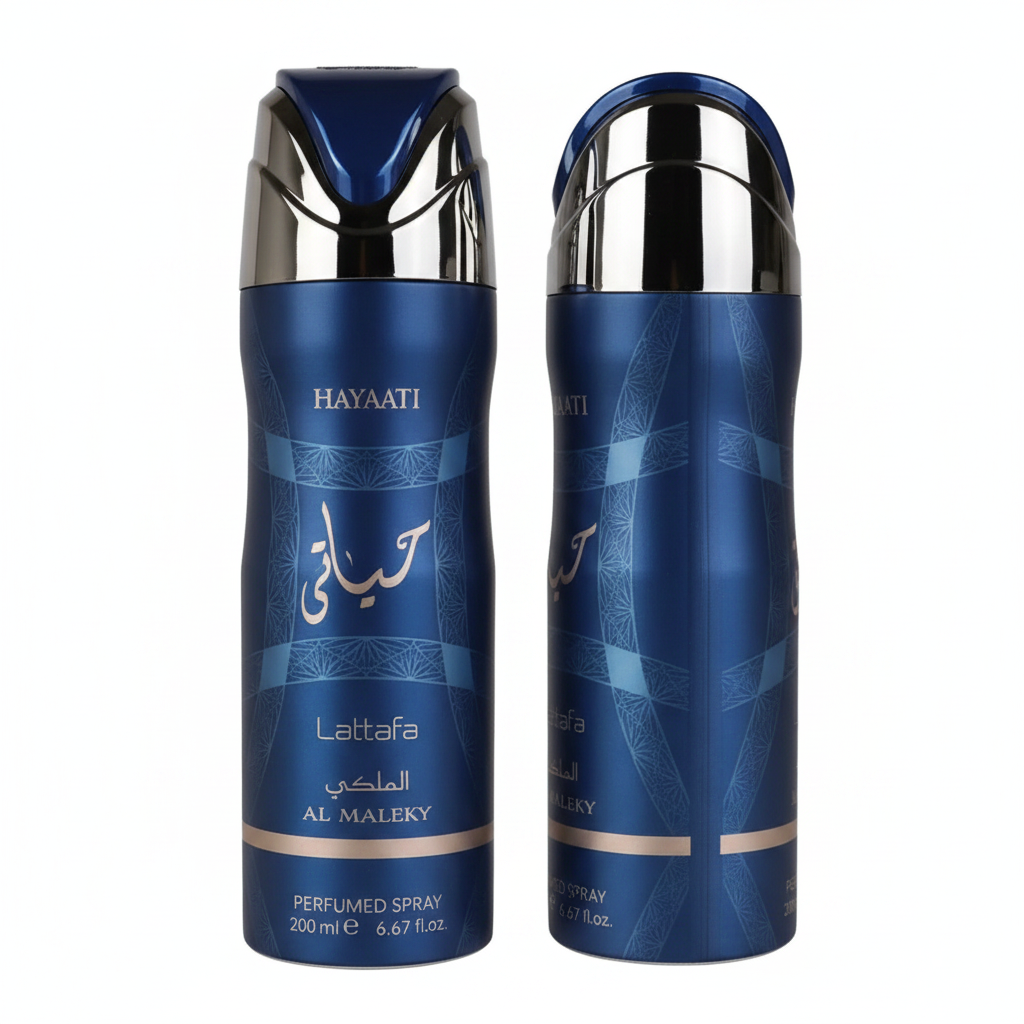 Lattafa Hayaati Al Maleky - two spray cans front and side view on white background