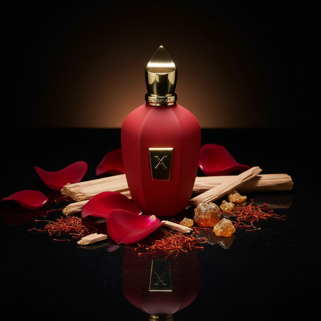 Xerjoff Red Hoba editorial shot on obsidian with roses and saffron