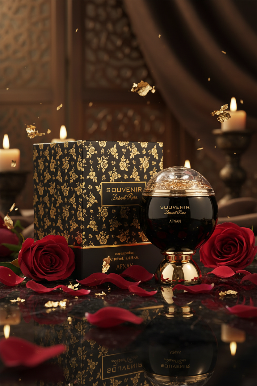 Afnan Souvenir Dessert Rose lifestyle with red rose petals and gold accents