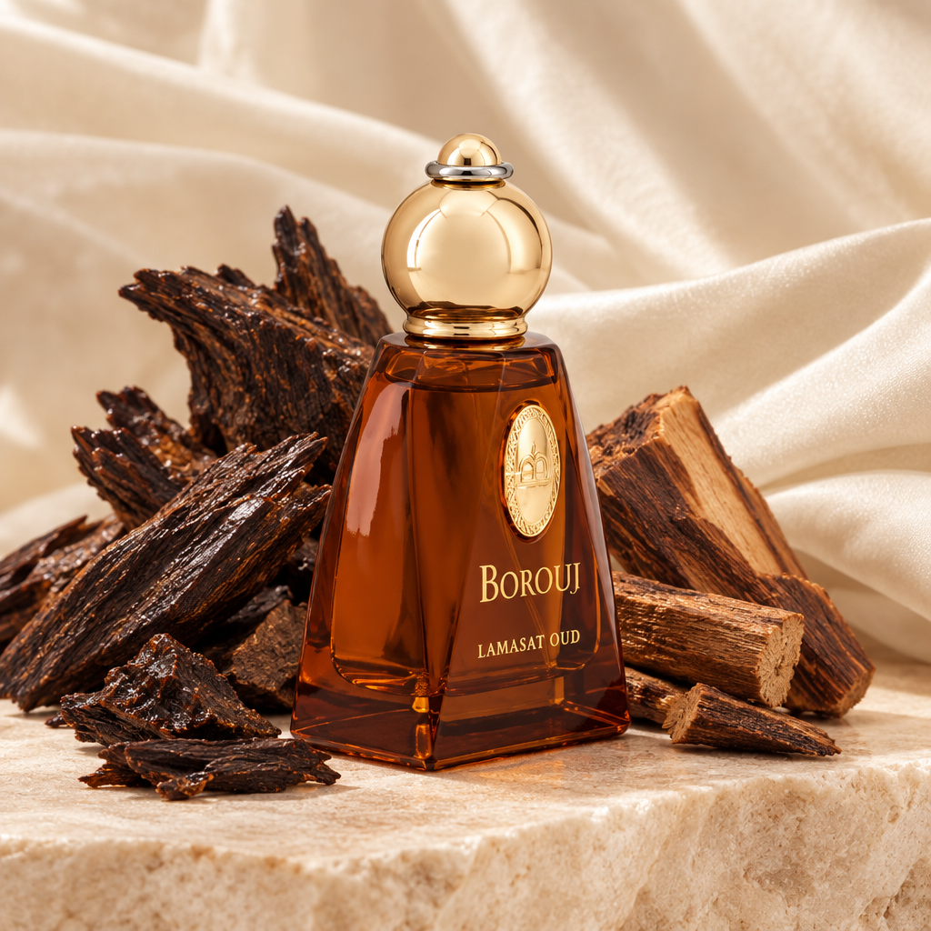 Borouj Lamasat Oud with agarwood and guaiac wood behind the bottle