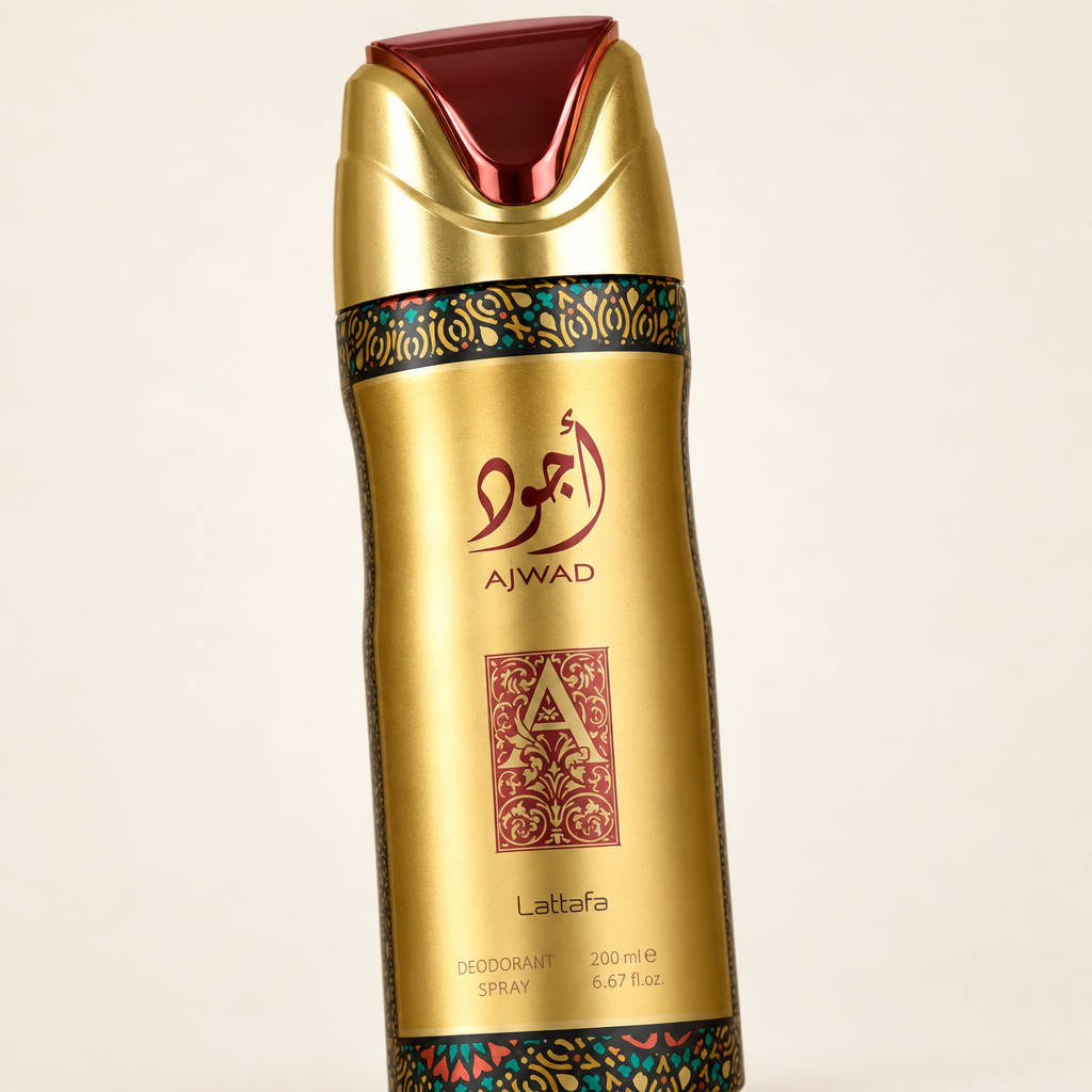 Close-up of Lattafa Ajwad Deodorant Spray gold can and cap