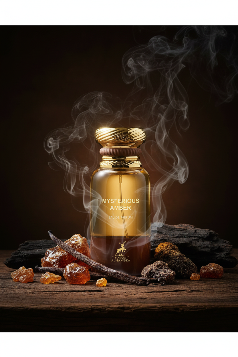 Maison Alhambra Mysterious Amber bottle with fragrance ingredients